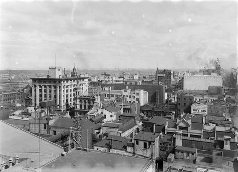 View looking south west including Flinders Street and beyond, Melbourne, 1945–54