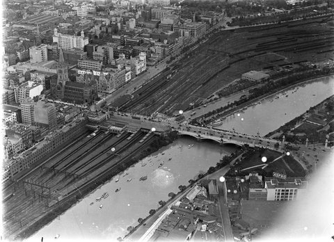 Flinders Street Rail Yards with Aspro building l.r, c. 1945