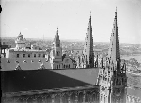 St. Paul's spires & Jolimont, elevated view, Melbourne, 1947