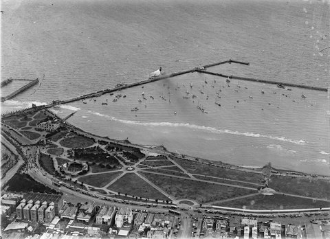 St. Kilda pier, showing landscaped gardens on foreshore, 1925–40