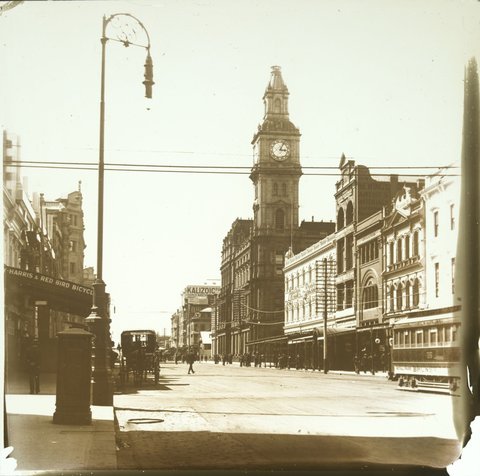 Elizabeth Street, Melbourne, showing GPO and exterior of Royal Arcade, 1880–1938