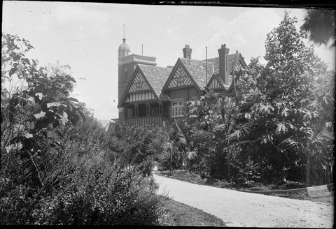 Edzell. 76 St. George's Rd. Toorak. Queen Anne Revival residence with widow's tower with sweeping gravel drive through densely treed garden in foreground, 1902–34