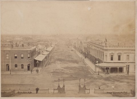 View down Bourke Street from Spring, c. 1860