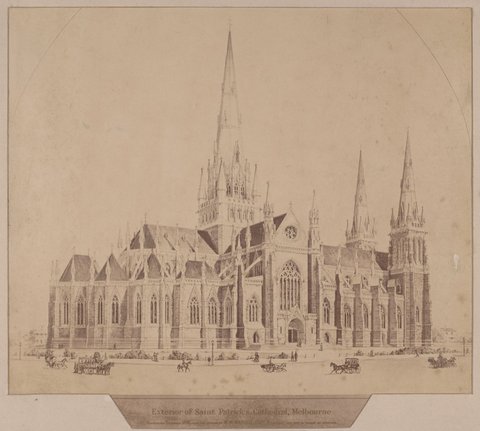 Exterior of Saint Patrick's Cathedral, Melbourne, 1860?
