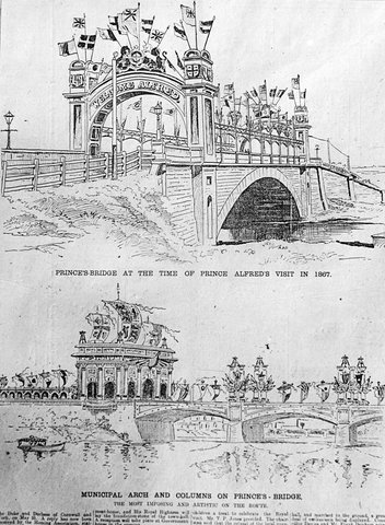 Princes Bridge at the time of Prince Alfred's visit in 1867