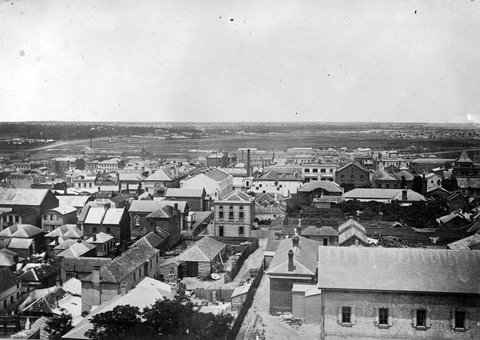 Elevated view Of Melbourne looking south from Lonsdale Street, about 1870
