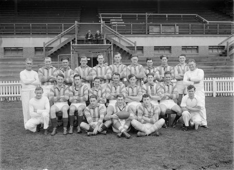 [North Melbourne Seconds football team in front of grandstand, Arden Street], c. 1947