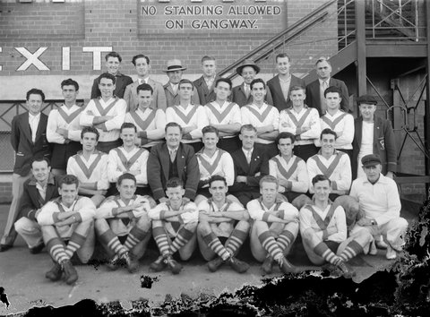 South Melbourne Football Club in front of a grandstand, 1920–50
