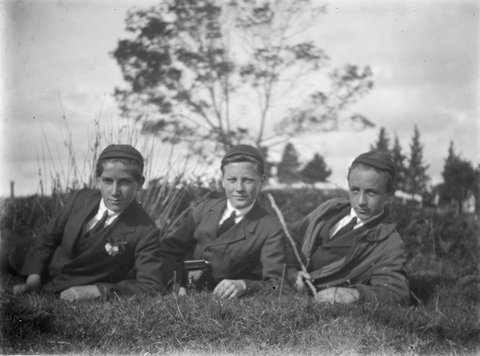 Three school friends of John Henry Bishop from Footscray Technical School, on a trip to the Werribee Gorge area, 1917