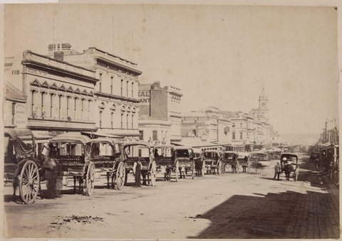 Carriages in Swanston Street, Melbourne, c. 1880