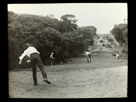 Boys playing cricket on track beside "Ivanhoe" - 1909 [Sorrento]