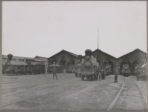 Locomotive sheds Spencer Street opposite Collins Street, 1867