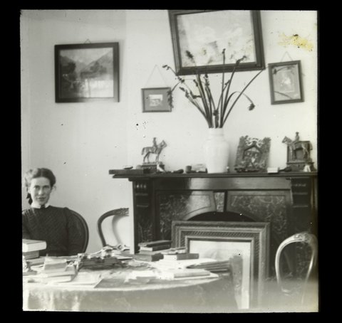 Mary, in parlour, "Ivanhoe" -1909 [Sorrento] [slide]