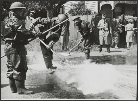 Decontamination squad in Meek St. Brighton during A.R.P. tests, c. 1942