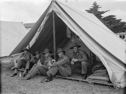 Australian soldiers in tent, Dandenong Camp, c. 1941