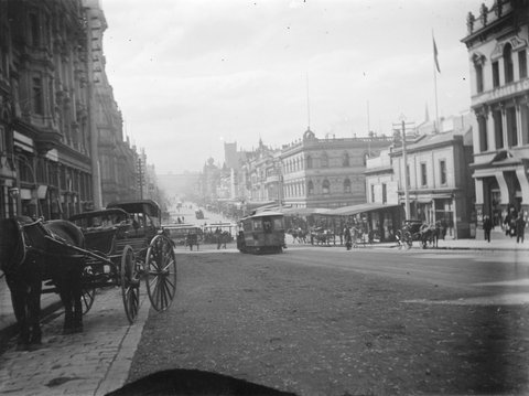 Bourke Street looking east from Elizabeth Street, c. 1910