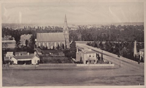 Chalmers Church, Government Printing Office and Fitzroy Gardens, c. 1870