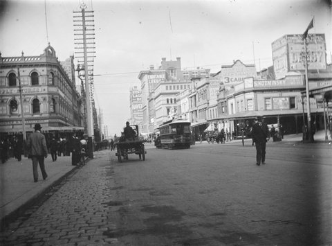 Elizabeth and Bourke Street corner, looking South showing Kozminsky's jewellers on the corner, c. 1910