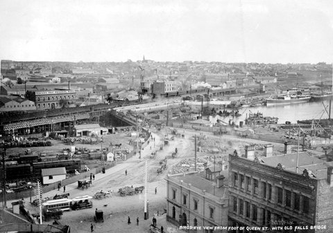 Birds-eye view from foot of Queen St. with old Falls Bridge, 1890