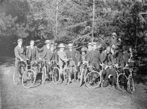 Kew Bicycle Harrier Club, group of cyclists astride their bicycles on dirt road, none identified, 1890–1910