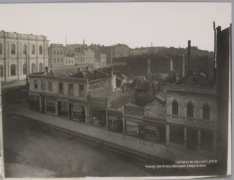 Old view in Collins St., Melb. where the Stock Exchange & bank is built, 1933