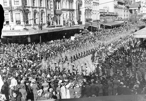 Australian soldiers in military marches in the streets of Melbourne, 1940–45