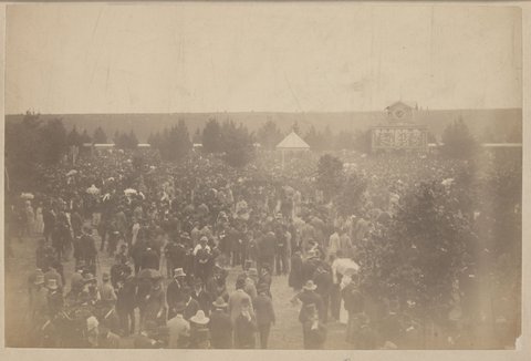 Race day at Flemington Race Course, c. 1885