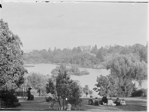 A picnic group in front of the lake, Botanical Gardens, Melbourne, c. 1900