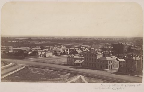 Melbourne at the corner of Spring and Collins Street, c. 1870