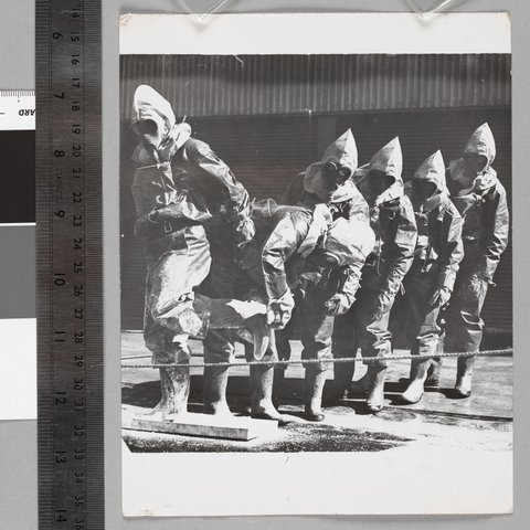 S.E.C., A.R.P. [i.e. Air Raid Precautions] unit rehearsal at garage premises in Sth Melbourne, c. 1940