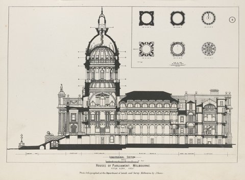 Plan of principal floor ; and, Longitudinal Section, Houses of Parliament, Melbourne, 1886