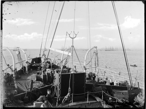 First view of Melbourne from deck of an English mail steamer (RMS Austral), 1887