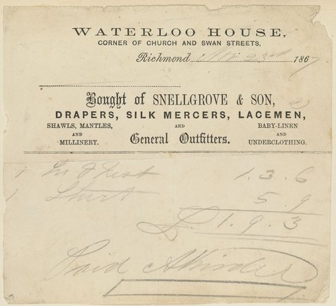 Waterloo House, corner of Church and Swan Streets, Richmond, November 23rd, 1867, bought of Snellgrove & Son