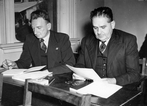 Two men studying canteen management classes at Melbourne Technical College, c. 1943