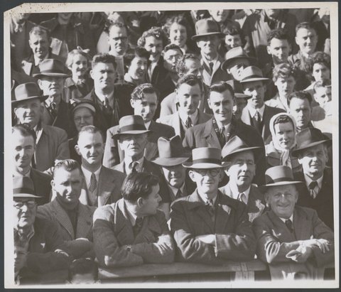 Crowds at Sth [South] Melbourne versus Carlton at Sth Melb... [Melbourne], c. 1952