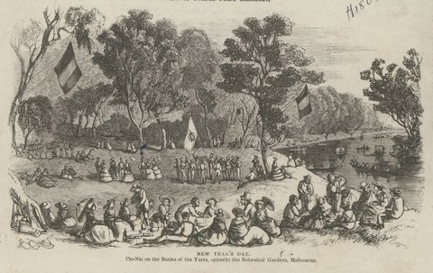 New Year's Day. Pic-nic on the banks of the Yarra, opposite the Botanical Gardens, Melbourne, 1858