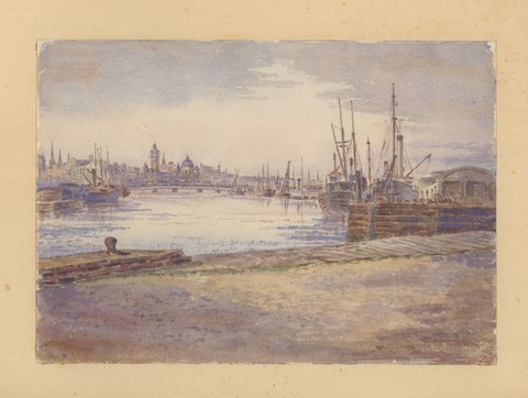 Yarra River looking east, showing Flinders Street railway station?, 1890–1914