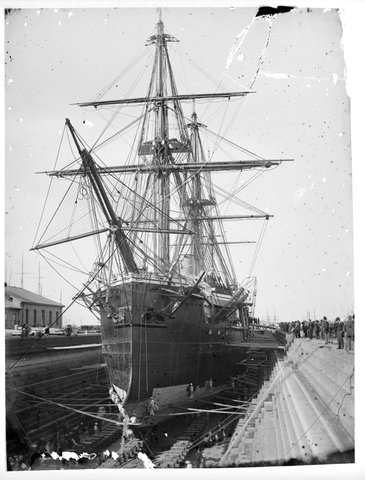 H.M.S. Nelson in graving dock, Williamstown, [Vic.] 1884