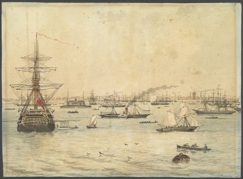 Sandridge from the Bay - HMS Nelson, Cerberous - Shipping - Wharfs - Sugar Works, 1874
