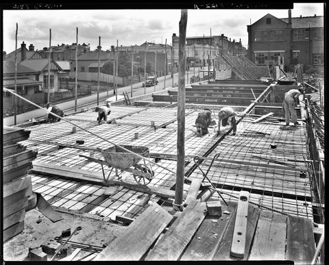 [On the roof of a commercial premises under construction in Footscray], 1930s
