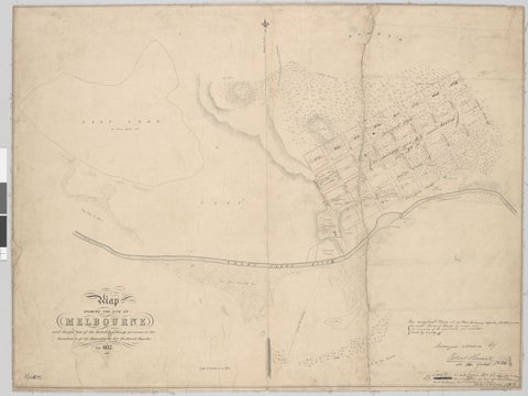 Map shewing the site of Melbourne and the position of the huts & buildings previous to the foundation of the township by Sir Richard Bourke in 1837, 1800–99