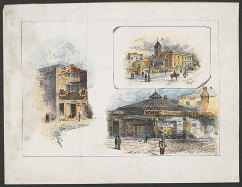 Public buildings and theatres in early Melbourne, 1880?