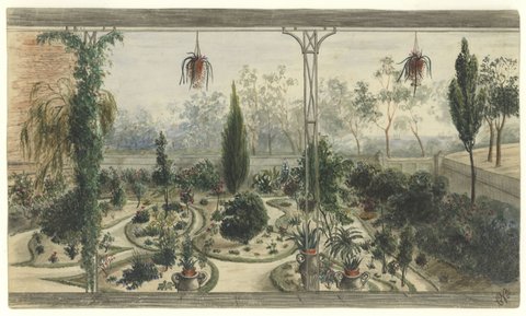 The front garden of Gwyllehurst the residence of John Gill Esqu. Melbourne Victoria - with vista showing Hobson's Bay, 1859