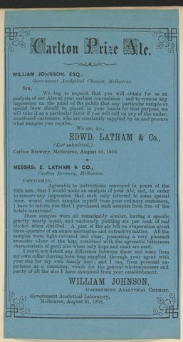 Advertisement for Carlton Prize Ale, Carlton Brewery, Melbourne and Victorian Clothing Company, 1851–85