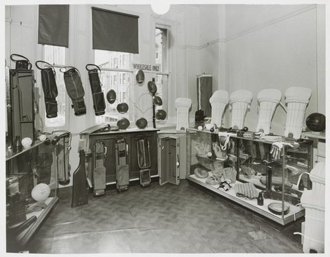 [Sporting goods on display at Nutting & Young wholesale distribution office in Melbourne city centre], 1940–54