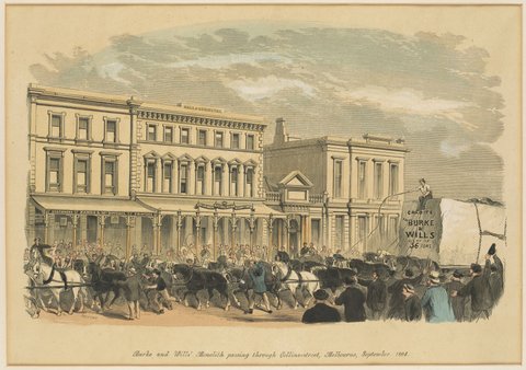 Burke and Wills' monolith passing through Collins Street, Melbourne, September 1864