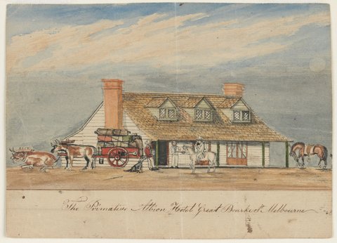 The primative [i.e. primitive] Albion Hotel Great Bourke St. Melbourne, 1875