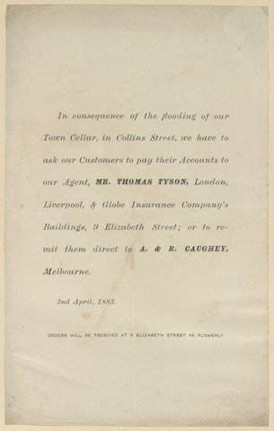 Notice to customers of Town Cellar, in Collins Street, 1883