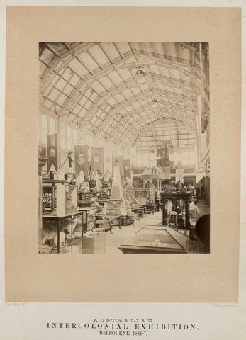 Interior of the Exhibition building, showing exhibits of Melbourne companies and businesses, 1866–67