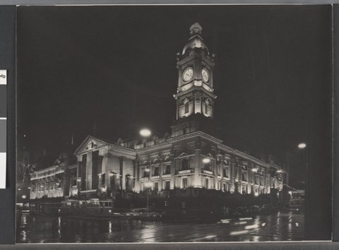 Melbourne Town Hall at night, c. 1954